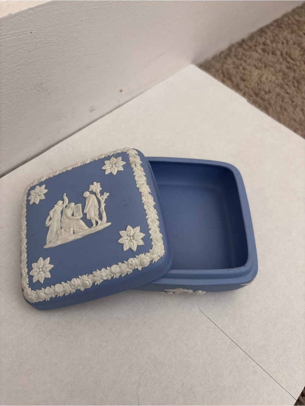 Wedgwood Blue Jasperware-Style Trinket Box with White Relief